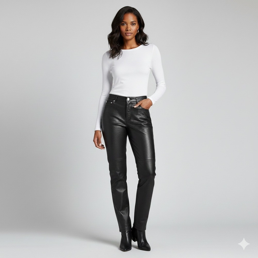 Jeanology Collection Black Leather Straight Leg Pants Size‎ 8